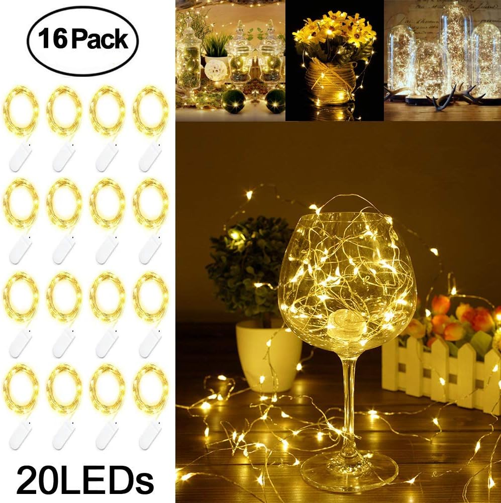 Adecorty Fairy Lights Battery Operated Mini Lights Battery Powered Fairy String Lights 16 Pack 7.2ft 20 LED Mini Battery Lights Firefly Lights for Wedding Crafts Table Reception Jars Vases Christmas