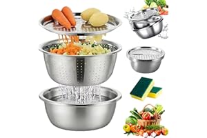 Grating and Slicing Bowl,Multifunctional Stainless Steel Grater with Drain Basket,3 Piece Stainless Steel Grater, Strainer an