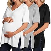 Ficerd 3 Pack Women's Maternity T-Shirts, Loose Split Side Pregnancy Tops Half Sleeve Roll V Neck Casual Oversized Tee Blouse