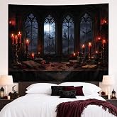 Riyidecor Happy Halloween Tapestry 59Wx51H Inch Black Red Horror Castle Window Gothic Spooky Moon Scary Bat Candle Witchy Wall Hanging Night Home Dorm Decor Art Living Room Bedroom