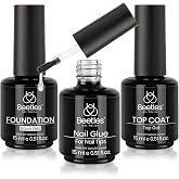 Beetles Top Coat,Base Gel and 9-in-1 Nail Glue Set 3Pcs 15ml | No Wipe Base Coat with 9 In 1 Adhesive Shine Effect Long Lasti