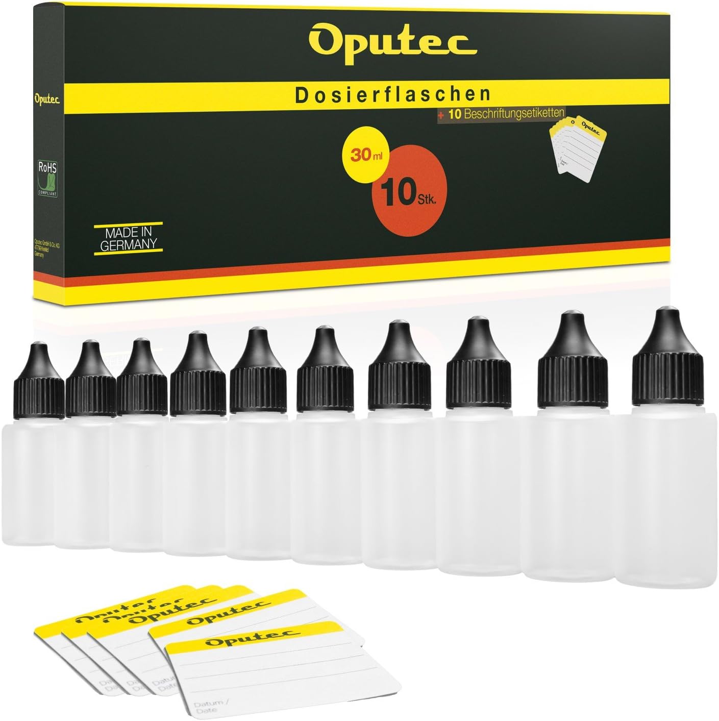 Oputec Dispenser Bottles with Dripper for Dispensing and Storing Liquids 10 x 30 ml Made in Germany with 10 Labels HD/LDPE Plastic Bottles with Black Cap