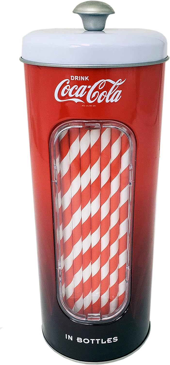 The Tin Box Company Coke 50 Coca Cola Holder Tin with 20 Paper Straws, Red