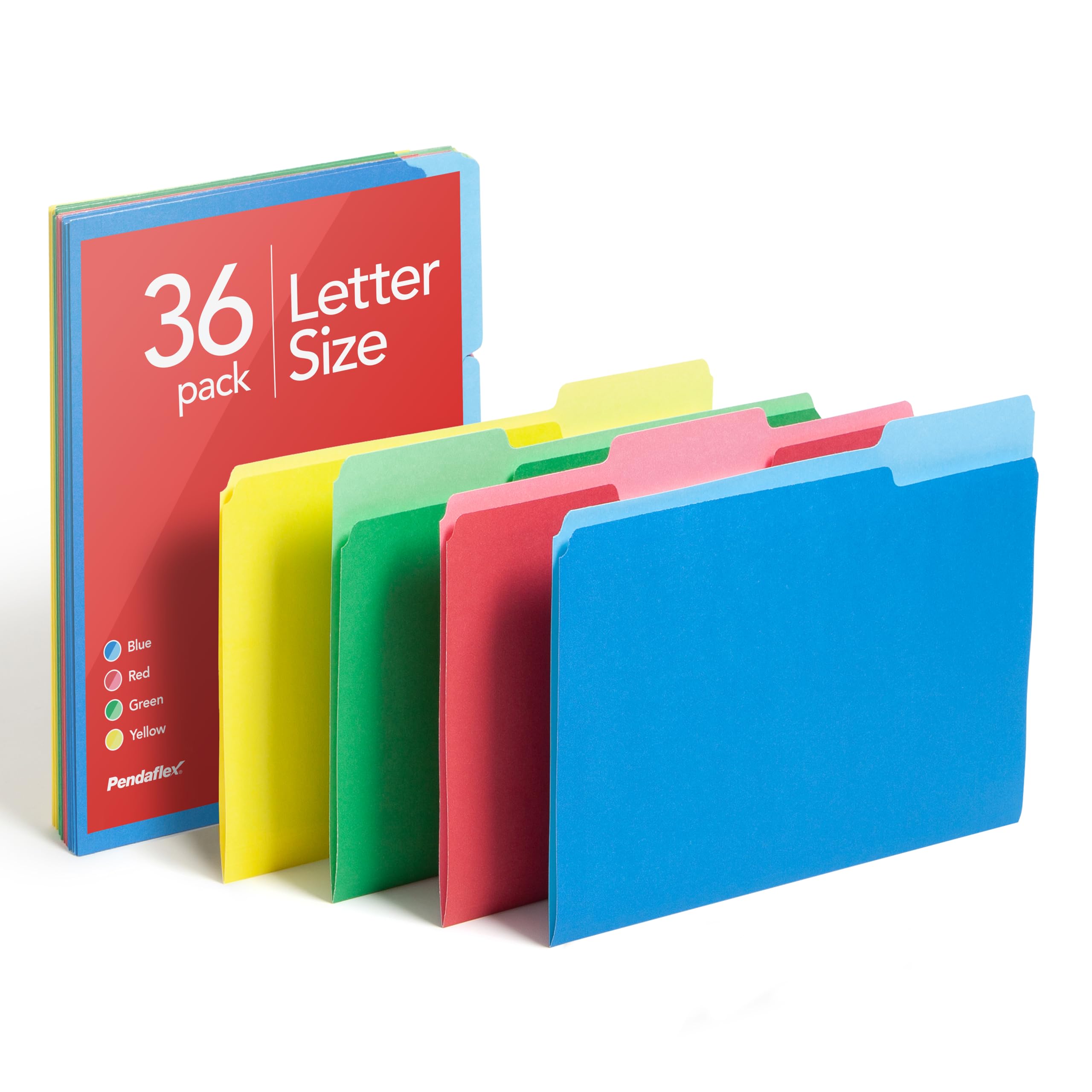 Pendaflex Two-Tone Color File Folders, Letter Size, Assorted Colors (Bright Green, Yellow, Red, Blue), 1/3-Cut Tabs, Assorted, 36 Pack (03086), 4-Color