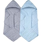Synrroe Baby Hooded Bath Towel 2 Pack, 100% Muslin Cotton, 32x32 Inch - Matching Trim & Hood, Soft Absorbent Baby Toddler Towel for Newborns & Infants, Blue and Misty