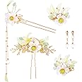 HINZIC 6PCS Lily Flower Tassels Hairpin, Crystal Rhinestone Pearl Hair Clips Headpiece Retro Chinese Hanfu Wedding Brides Valentines Hair Accessories Jewelry for Women Girls Updo Long Hair