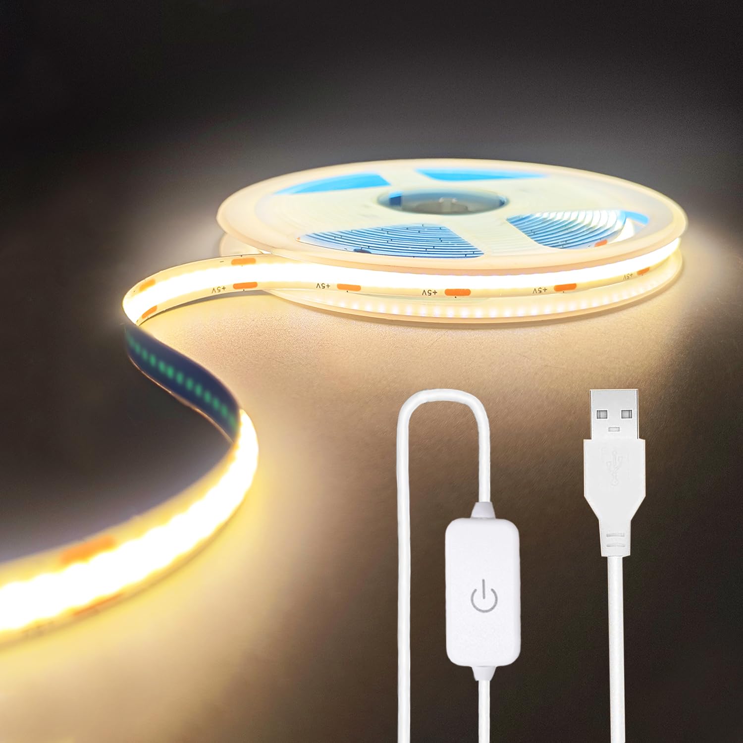 Photo 1 of ZSLAIFU A 5V USB LED Light Strip, COB LED Strip Lights, White 5V LED Lights, Small LED Strip Light, TV Lights for TV Under Cabinet Kitchen Living Room Shelving or Displays (Warm 3.28ft)