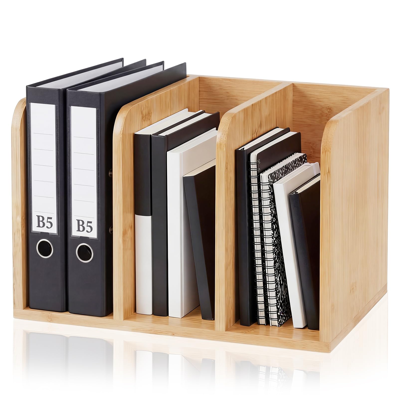 Photo 1 of Novabright Bamboo Wooden File Magazine Holder Desk Organizer, 3 Vertical Compartments Workspace Sorters for Magazines, Binders, Notebooks, Envelopes