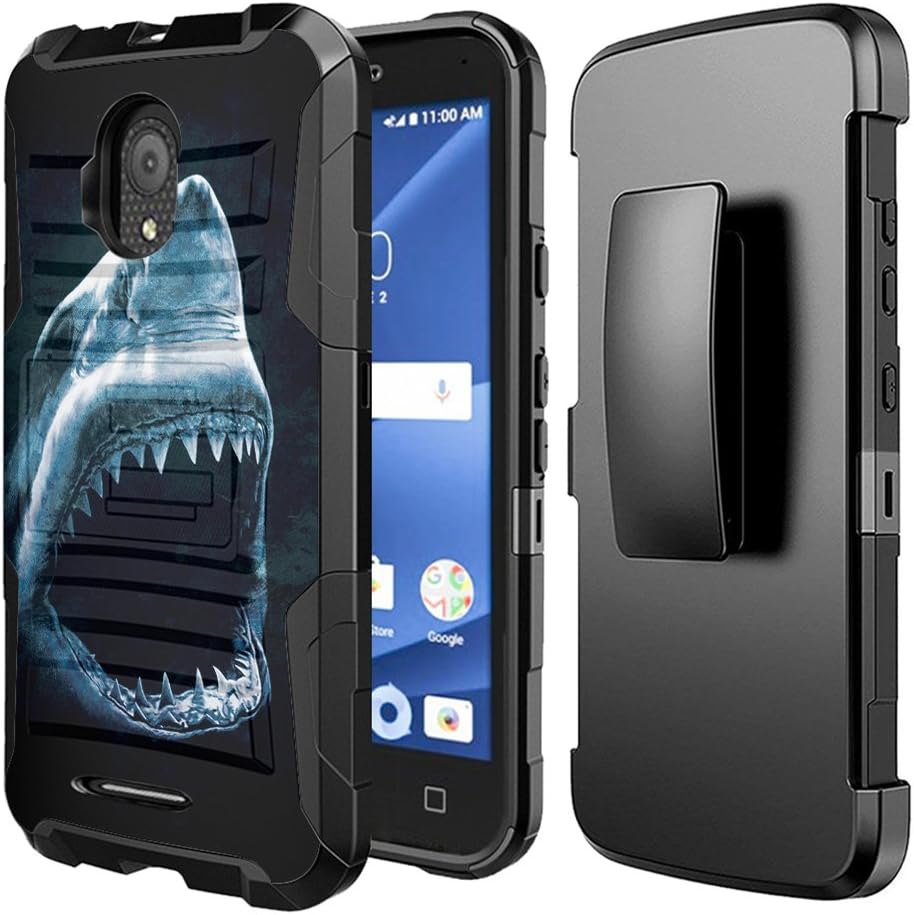 Capsule Case Compatible with Alcatel IdealXcite, Alcatel Verso, Alcatel CameoX, Alcatel Raven LTE [Dual Layer Combat Armor Style Kickstand Holster Combo Case Black] - (Shark)