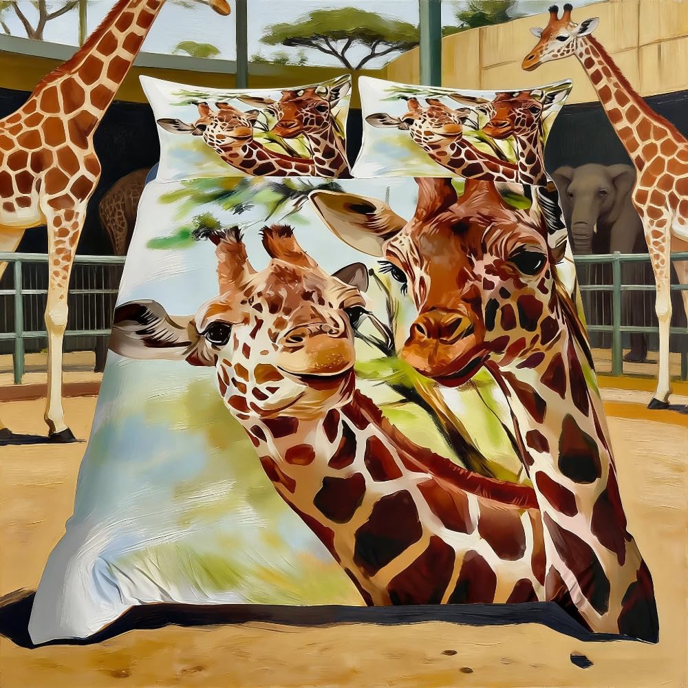 Loussiesd Giraffe Comforter Cover Set Double Size Safari Wild Animals Duvet Cover Set African Wildlife Tree Leaf Bedding Set Digital Print Bedspread Cover with 2 Pillow Shams Microfiber Quilt Cover — image 1