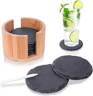 Amazy Schiefer Untersetzer Set (8 Stück) inkl. Kreidestift - Dekorative Glasuntersetzer aus 100% Natur Schieferplatten mit praktischem Halter aus edlem Bambus - Tolle Geschenkidee (rund | Ø 10 cm)