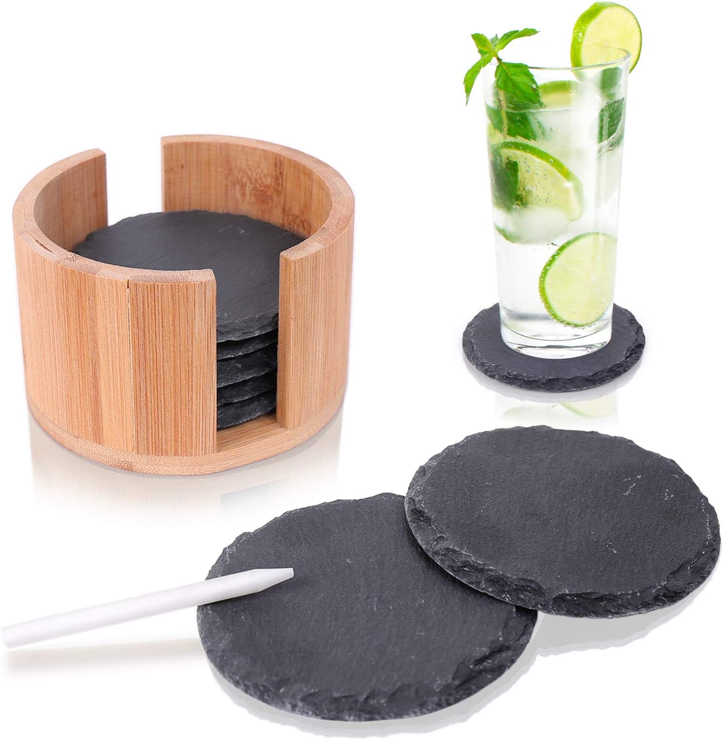 Amazy Schiefer Untersetzer Set (8 Stück) inkl. Kreidestift - Dekorative Glasuntersetzer aus 100% Natur Schieferplatten mit praktischem Halter aus edlem Bambus - Tolle Geschenkidee (rund | Ø 10 cm)