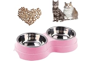 AKEISHE Double Cat Food Bowl -Stainless Steel Bowls with Easy-to-Clean Detachable Design, Non-Slip Base, Pet Feeder for Kittens and Medium (Pink)
