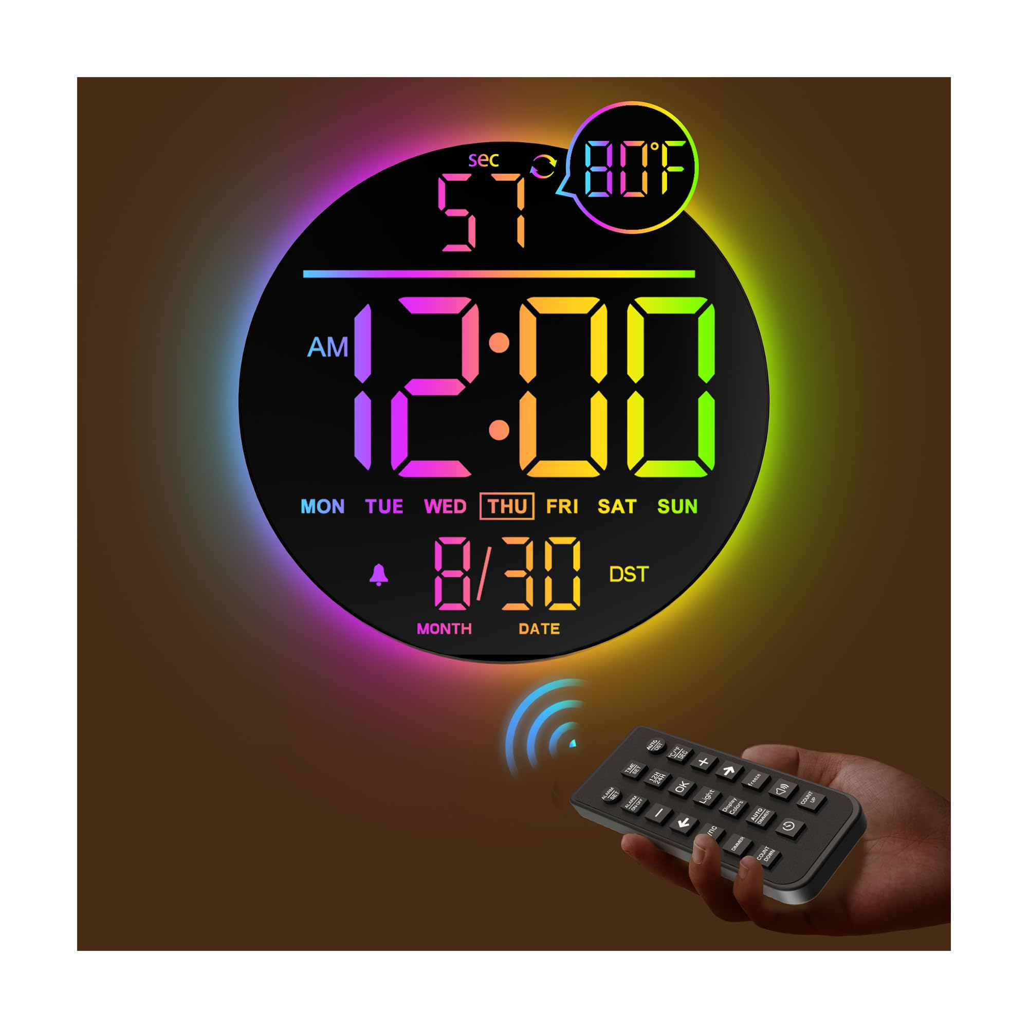 Photo 1 of JALL 10" Large Digital Wall Clock with Seconds, Alarm Countdown Timer, Big LED Display, RGB Color, DST, Temperature, Mounted for Bedroom Living Room Office Classroom Gym, Xmas Birthday Gift, RGB