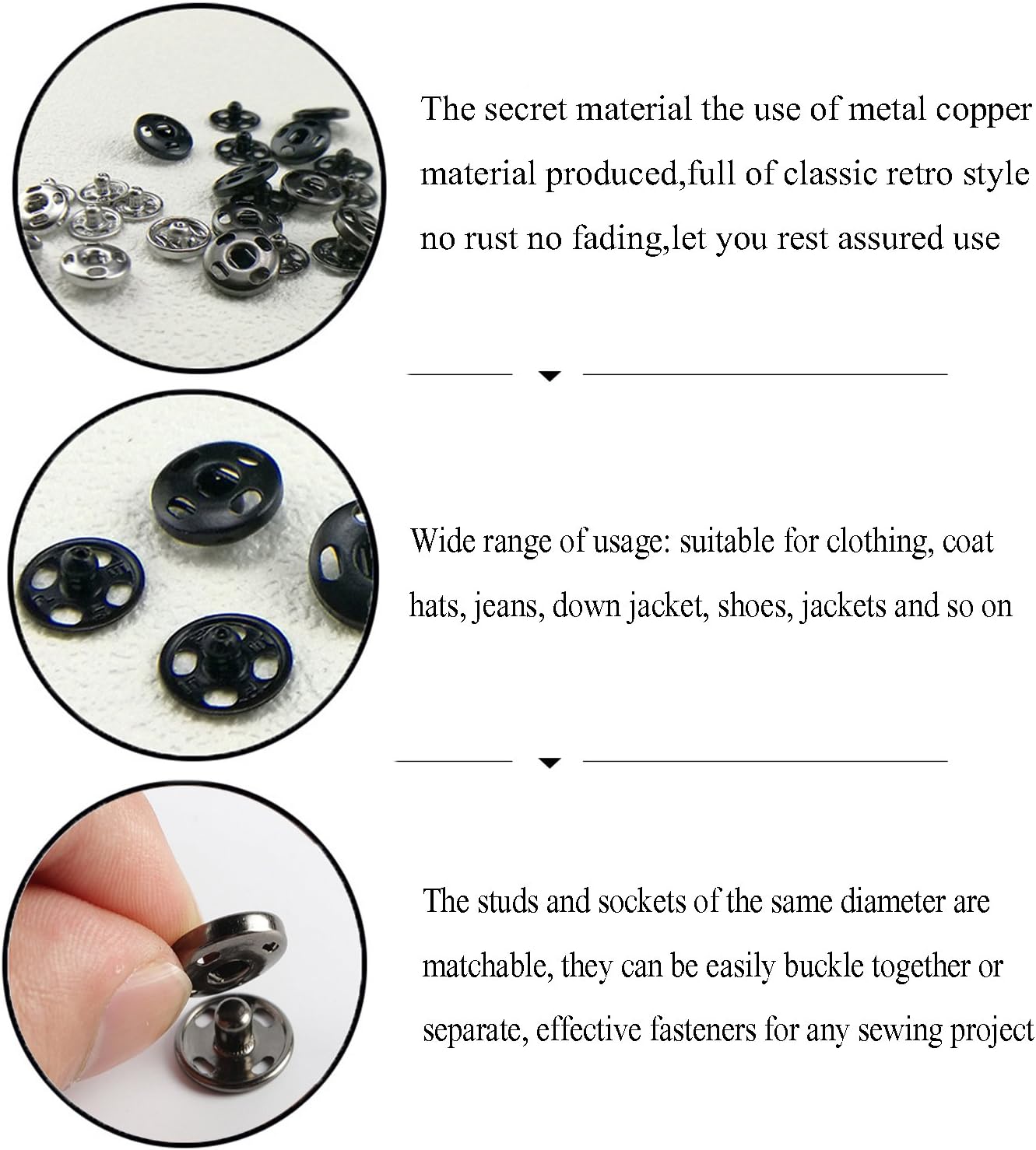 Kenkio 120 Sets Sew-on Snap Buttons Metal Snaps Fasteners Press Studs Buttons for Sewing, 8 mm and 10 mm, Black and Silver