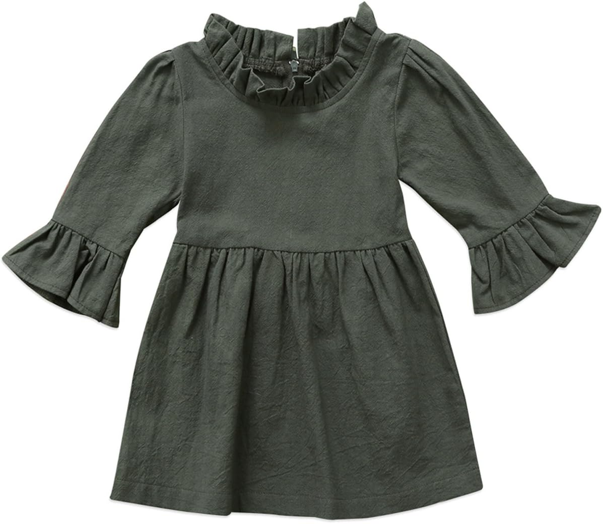 Annvivi Fall & Winter Baby Girls Dark Natural Olive Linen Ruffled Pullover Dress