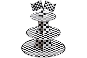 3-Tier Round Cardboard Cupcake Stand, Racing Car Theme Cardboard Cupcake Holder Dessert Display Stand Tower, Black and White 