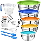 MIKULA Mixing Bowls Set, 22PCS Large Stainless Steel Mixing Bowl with Lids Set, Large Nesting Bowls 7/6/4.5/3.5/2.5QT, Measuring Cups and Spoons Baking Storage Metal Bowl for Kitchen Prep Supplies