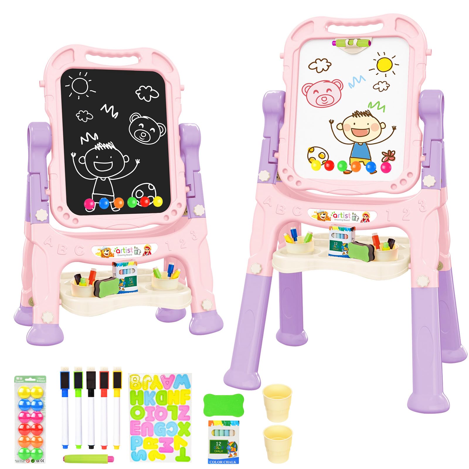 Photo 1 of Amagoing Easel for Kids, Adjustable Standing Art Easel for Toddler, Double Side White Chalk Board with Painting Accessories, Birthday Christmas Gift for Little Girls and Boy Age 3 4 5, Pink