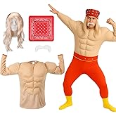Mepase 4 Pcs Halloween Pro Wrestler Costume Set Men's Muscle Suit Funny White Gold Wigs Beard and Paisley Headscarf Adult Costumes for Halloween Cosplay Party