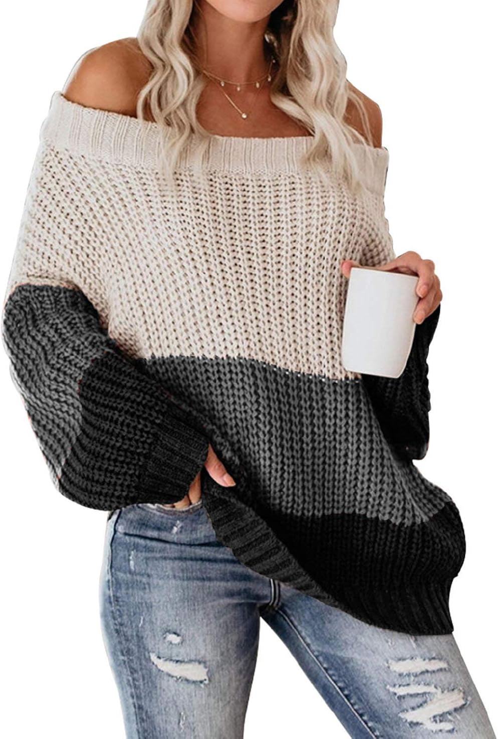 VIMPUNEC Womens Oversized Sweater Color Block Off The Shoulder Pullover