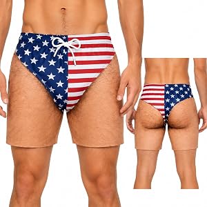 Funny Patriotic Swim Trunks for Men, Hairy Legs Graphic Beach Shorts, Fake Briefs Board Shorts, Summer Gag Gift