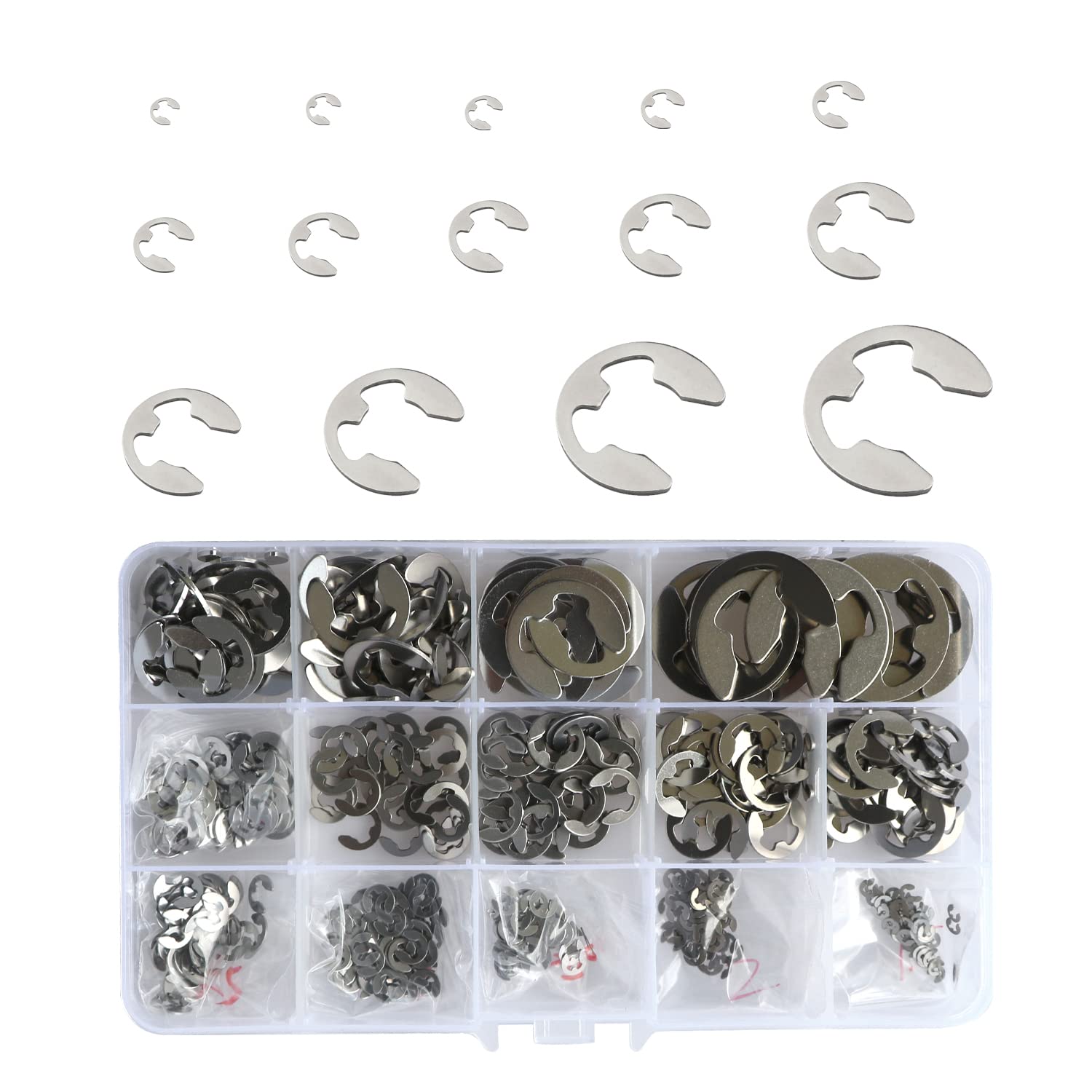Stainless Steel Circlips Assorted, 510 Pcs Metal E Clips Assortment Set 14 Sizes Retaining Clips (1.5/2/2.5/3/3.5/4/5/6/7/8/9/10/12/15mm) for Internal External Shaft Fastener