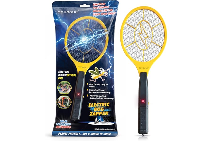 DEVOGUE® Electric Fly Swatter – Battery Operated Bug Zapper Racket, Mosquito & Insect Killer, Handheld Pest Control, Indoor & Outdoor Use