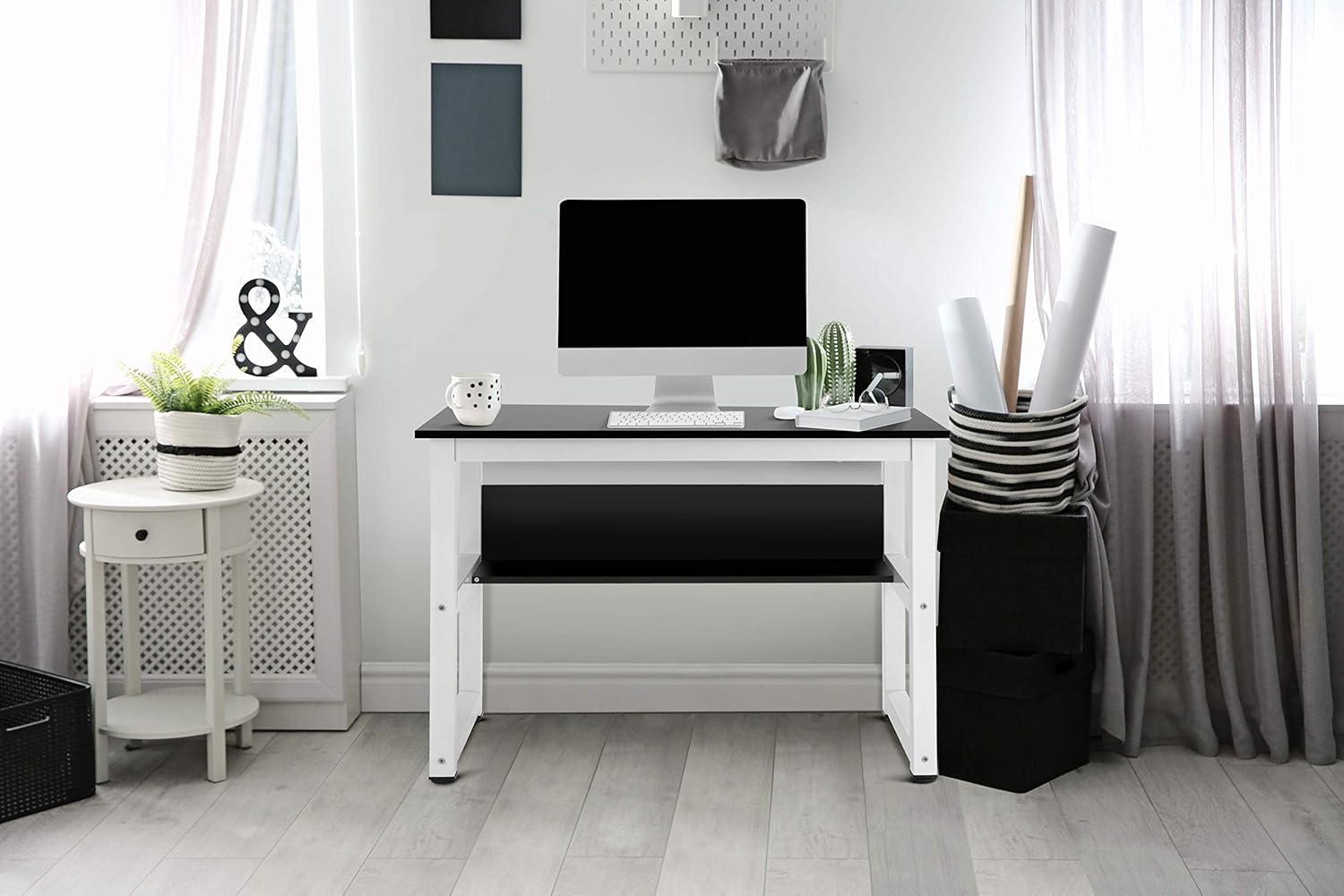Voxloud Com Mmt Furniture Designs Ltd Table De Bureau Moderne Avec Cadre En Acier Blanc Et Dessus En Bois Noir Bureau Meubles