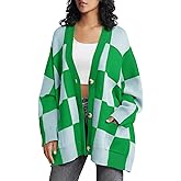 Saodimallsu Womens Checkered Sweater Color Block Plaid Oversized Cardigan Long Sleeve V Neck Button Down Knit Coats