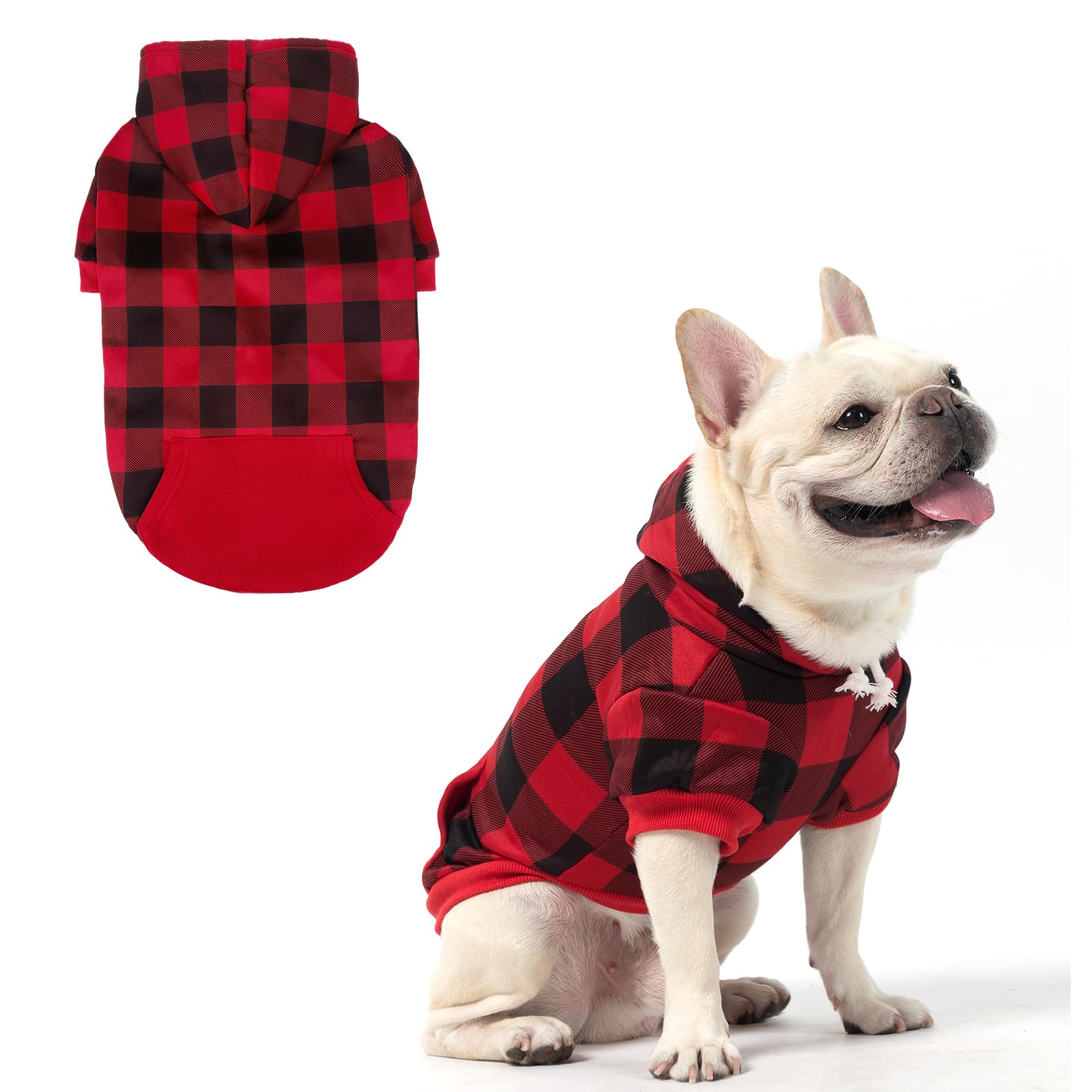 KOOLTAIL Plaid Dog Hoodie Pet Jumper with Hat and Pocket for Small Medium Large Size Dogs, Fleece Dog Hooded Sweatshirt Clothes, Soft Winter Warm Dog Cold Weather Coat for Puppy Cats, Red SM