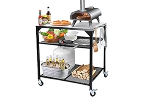 HISENCN Pizza Oven Table for Ninja Woodfire, Blackstone, Cuisinart, 32x24 Inch Stainless Steel Outdoor Grill Prep Cart with Hooks, Portable Food Station