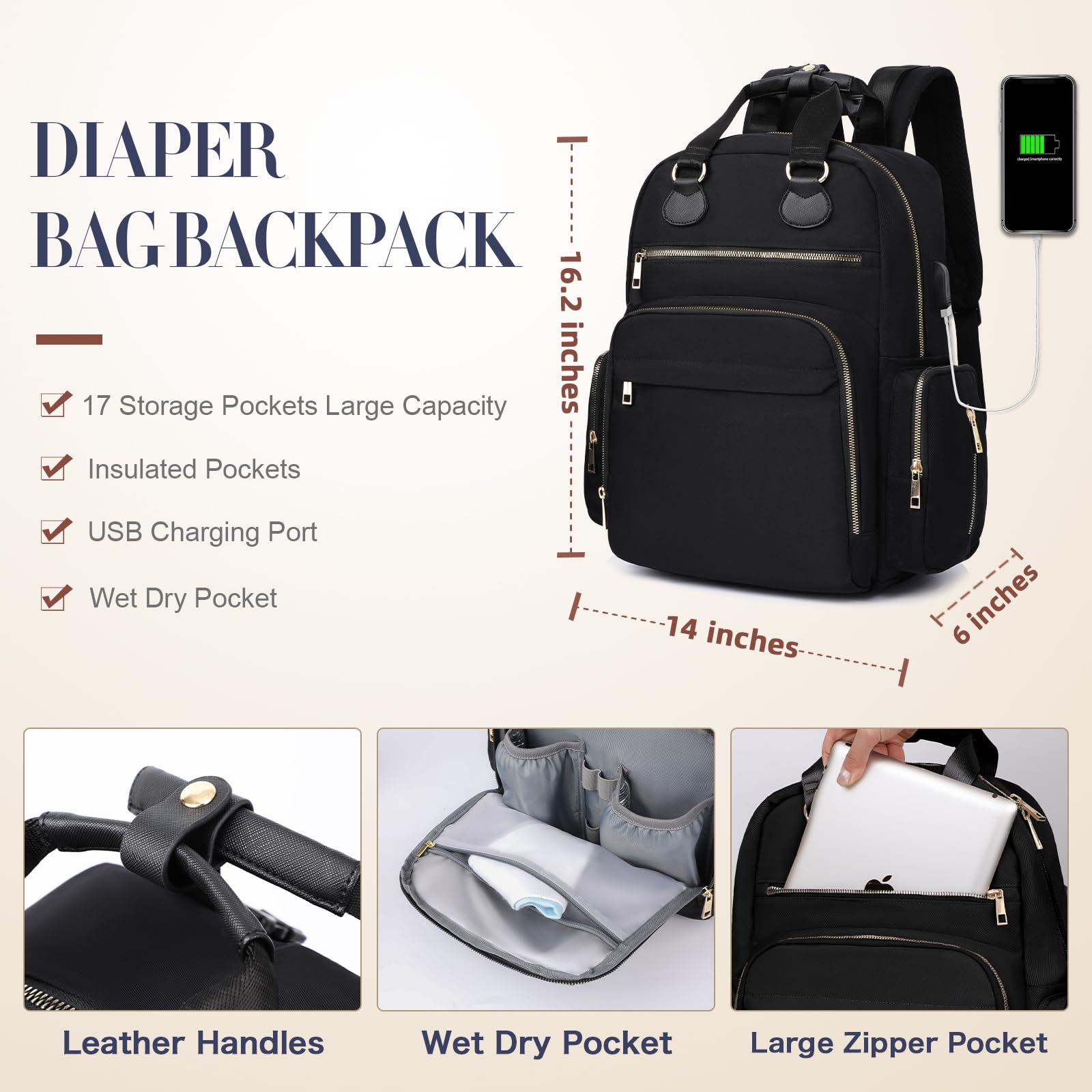 ILCOLPO Diaper Bag Backpack, Baby Diaper Bag with 17 Pockets, Travel Baby Bag Backpack for Girl Boy, Large Diaper Bag with Changing Pad,USB Charging Port,Wet Dry Bag,Black