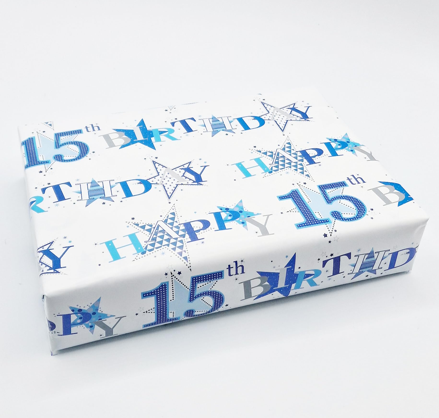 2 Sheets 2 Tags Star Design 15th Birthday Blue Boy Wrapping Paper Age 15 Birthday Gift Wrap Paper Boy Male (PA)