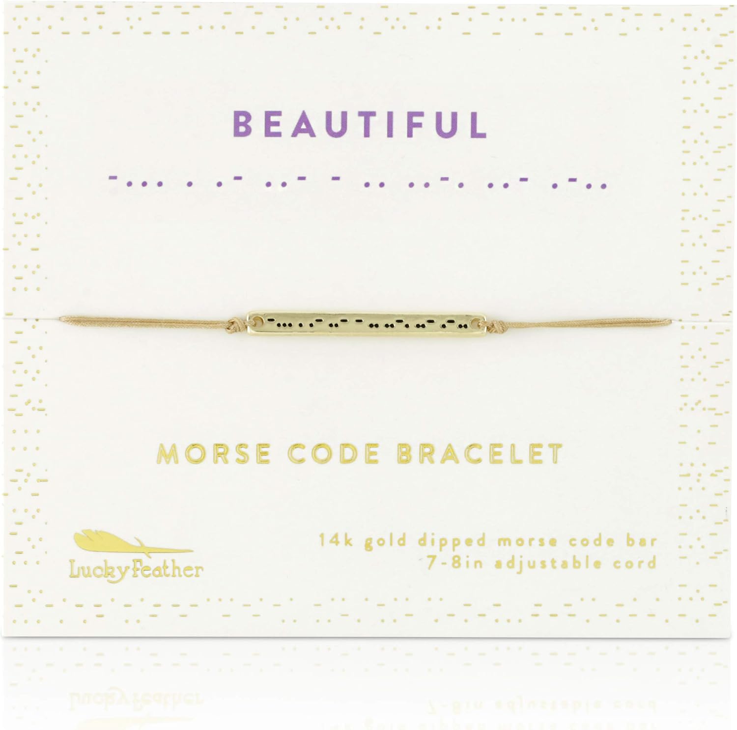 Lucky Feather Morse Code Bracelets for Women and Girls - 14K Gold Dipped Bar with Secret Message Engraved on Adjustable 7" - 8" Cord - Friendship Bracelet Gift for Her