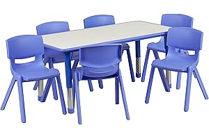 Flash Furniture Emmy Adjustable Classroom Activity Table with 6 Stackable Chairs, Plastic Activity Table for Kids, 23.625" W x 47.25" L, Blue/Gray