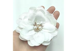 YOOGCORETT 5pcs White Chiffon Lace Fabric Flowers Flat Back Rhinestone Applique Bows for DIY Sewing Craft Party Decoration Hair Clips Accessories Supplies - 3.1" Inch