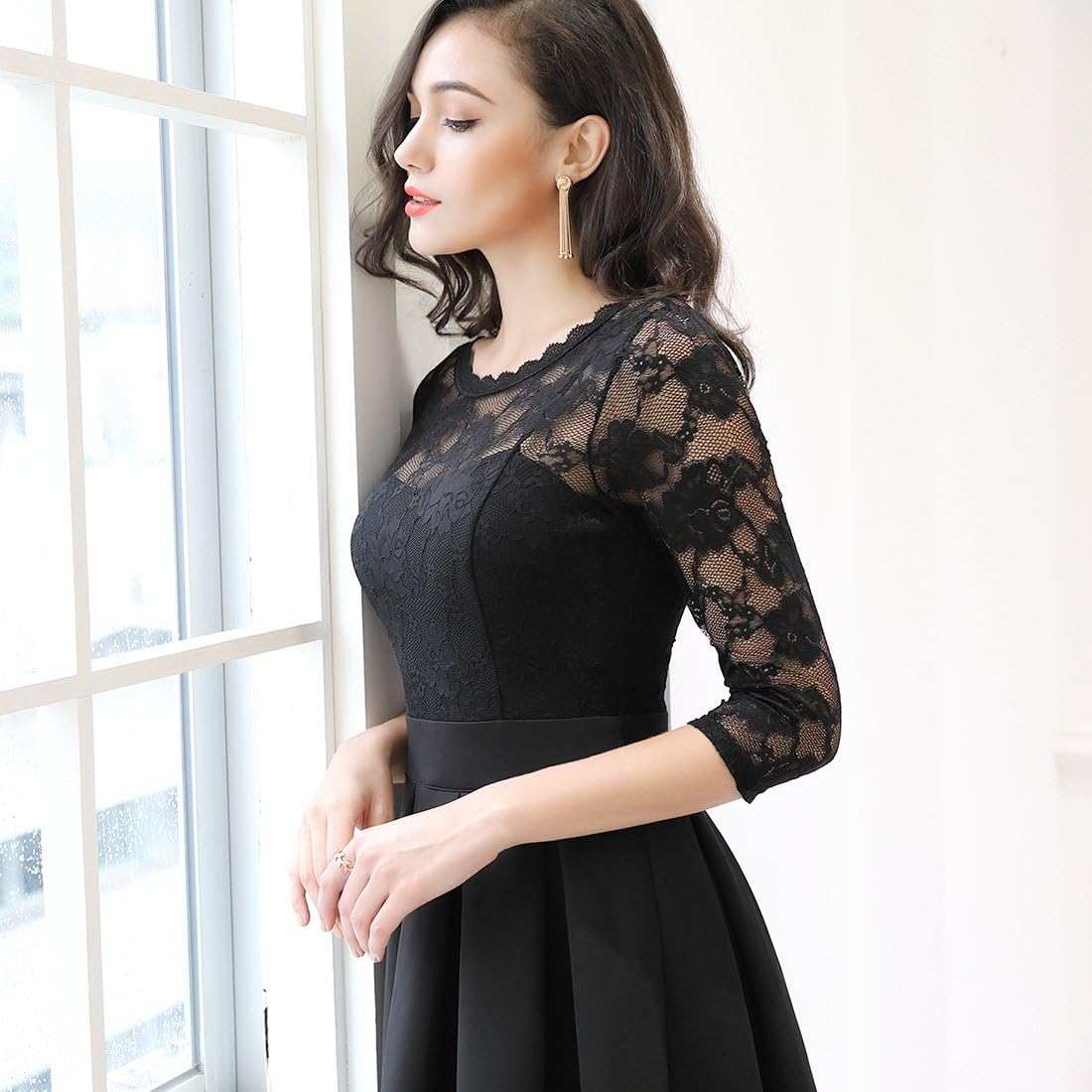 Miusol Women's Vintage Floral Lace 2/3 Sleeve Bridesmaid Party Dress: Clothing
