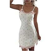 GORGLITTER Women's Floral Nightgowns Lace Trim Bow Spaghetti Strap Chemise Babydoll Sexy Sleepwear Slip Nightie