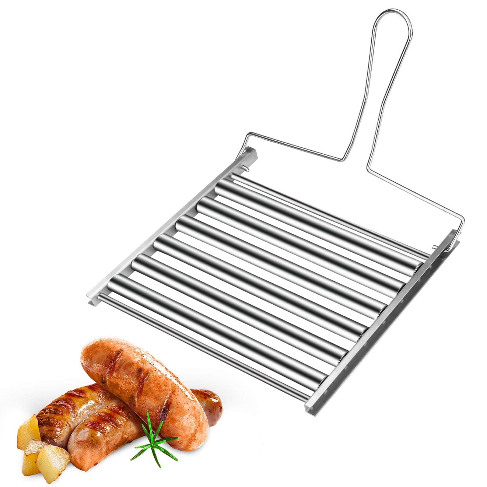 LELE LIFE Hot Dog Roller for Grill, Large 24 x 20.5 cm Evenly Cook Hotdog Roller Stainless Steel Sausage Corn Roller Rack with Foldable Handle for BBQ Outdoor Camping