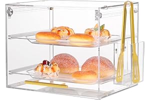 QMEEKI 2 Tray Countertop Bakery Display Case, Acrylic Pastry Display Case with Serving Tong, Commercial Bread Cake Display Case with Front Door, Dessert Display Case - 13.3" × 9.8" × 10.2"