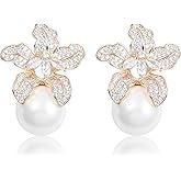 Blooming Flower Drop Cubic Zirconia Big Round Pearl Stud Earrings for Wedding Ceremony Chic Accessories