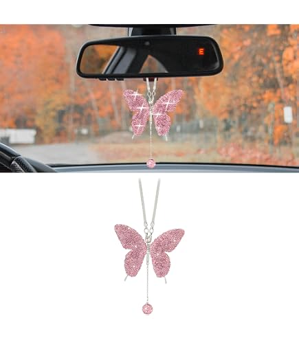 Bling Butterfly Diamond Car Mirror Hanging - Crystal & Plush Ball Charm For Women's Car Decor - View #4