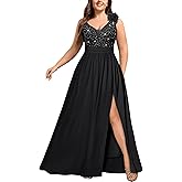MISSMAY Women's Plus Size Sequined Lace V Neck Sleeveless Slit Vintage Evening Party Formal Maxi Dress
