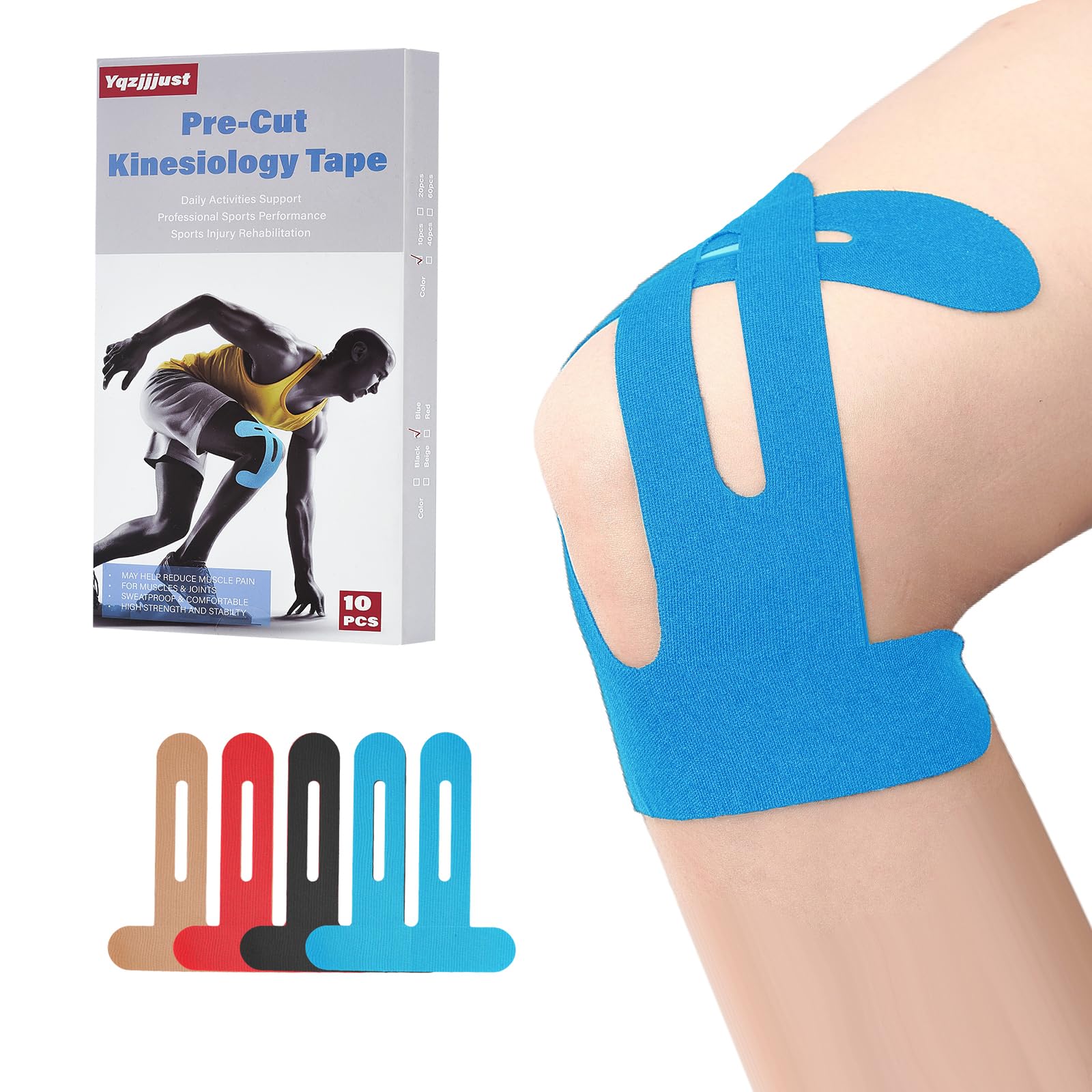 Photo 1 of 10 PCS Waterproof Kinesiology Tape for Shoulders/Knees,Precut Strips for Knee Pain Relief, Elastic Strong Adhesive Athletic Tape, Latex-Free Hypoallergenic Sports Tape (Blue)