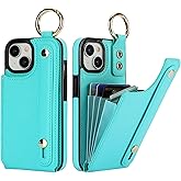Folosu for iPhone 15 Wallet Case with Card Holder, Hand Wrist Strap Loop Holder Kickstand, RFID Blocking Finger Grip Ring PU Leather Double Buttons Shockproof Cover 6.1" Green