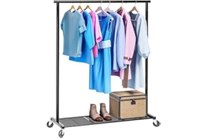 Ekisemio Clothing Clothes Rack on Wheels, Heavy Duty Portable Wardrobe for Hanging Clothes, Garment Rack with Bottom Mesh Shelf, Black
