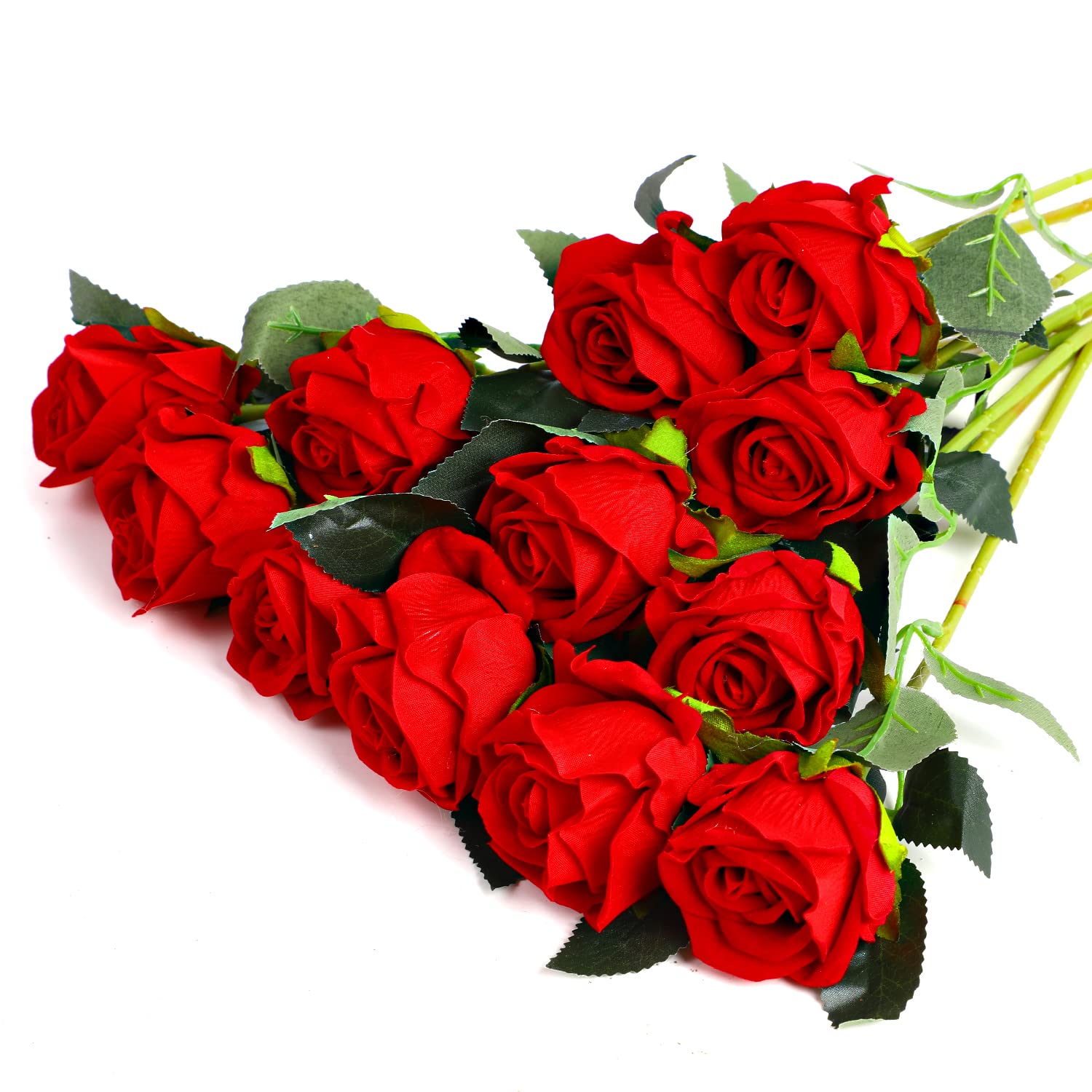 SULOLI 12PCS Artificial Roses,Single Long Stem Fake Rose Silk Bridal Wedding Bouquet Realistic Flower for Home Garden Party Hotel Office Decor(Red)