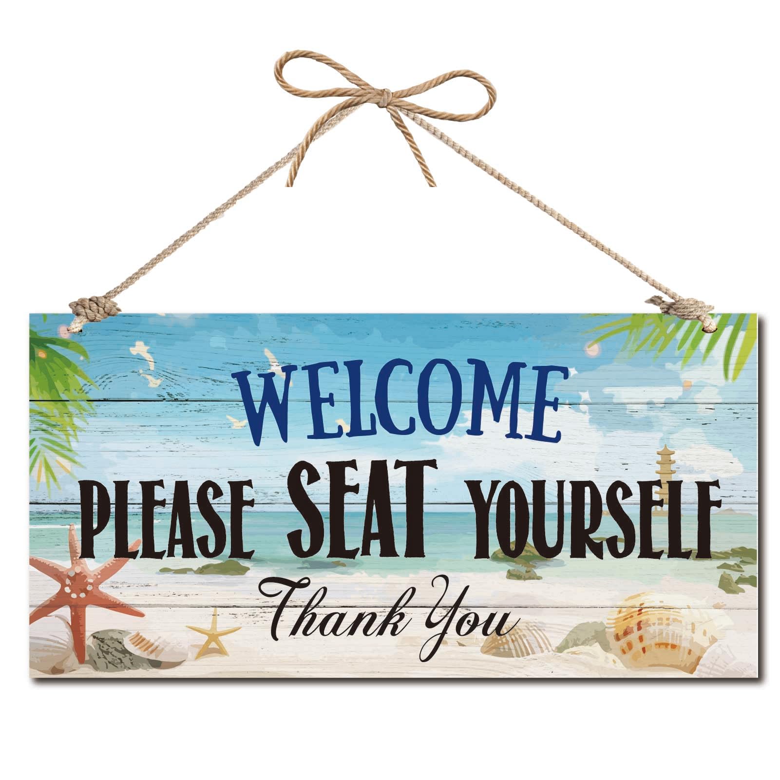 CREATCABIN Welcome Sign Wood Plaque Hanging Decor for Front Door Sign Rustic Blue Seaside Rectangle Wooden Painting Hanging Wall Art for Home Decor 12x6Inch-Welcome Please Seat Yourself Thank You