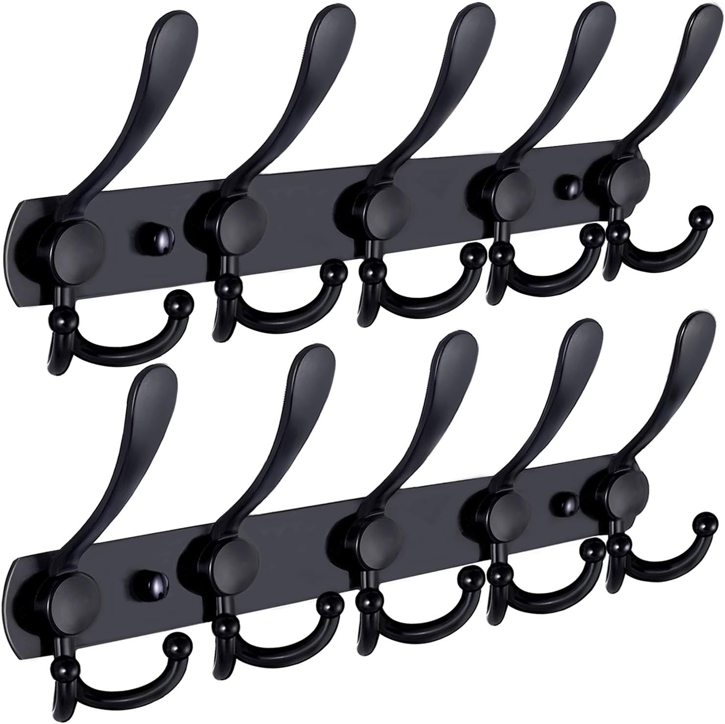 Oyydecor Wall Mounted Coat Hook, 2 Pack 5 Tri Hooks Heavy Duty Stainless Steel Coat Hook Rail for Coat Hat Towel Purse Robes (Black, 2 Pack)